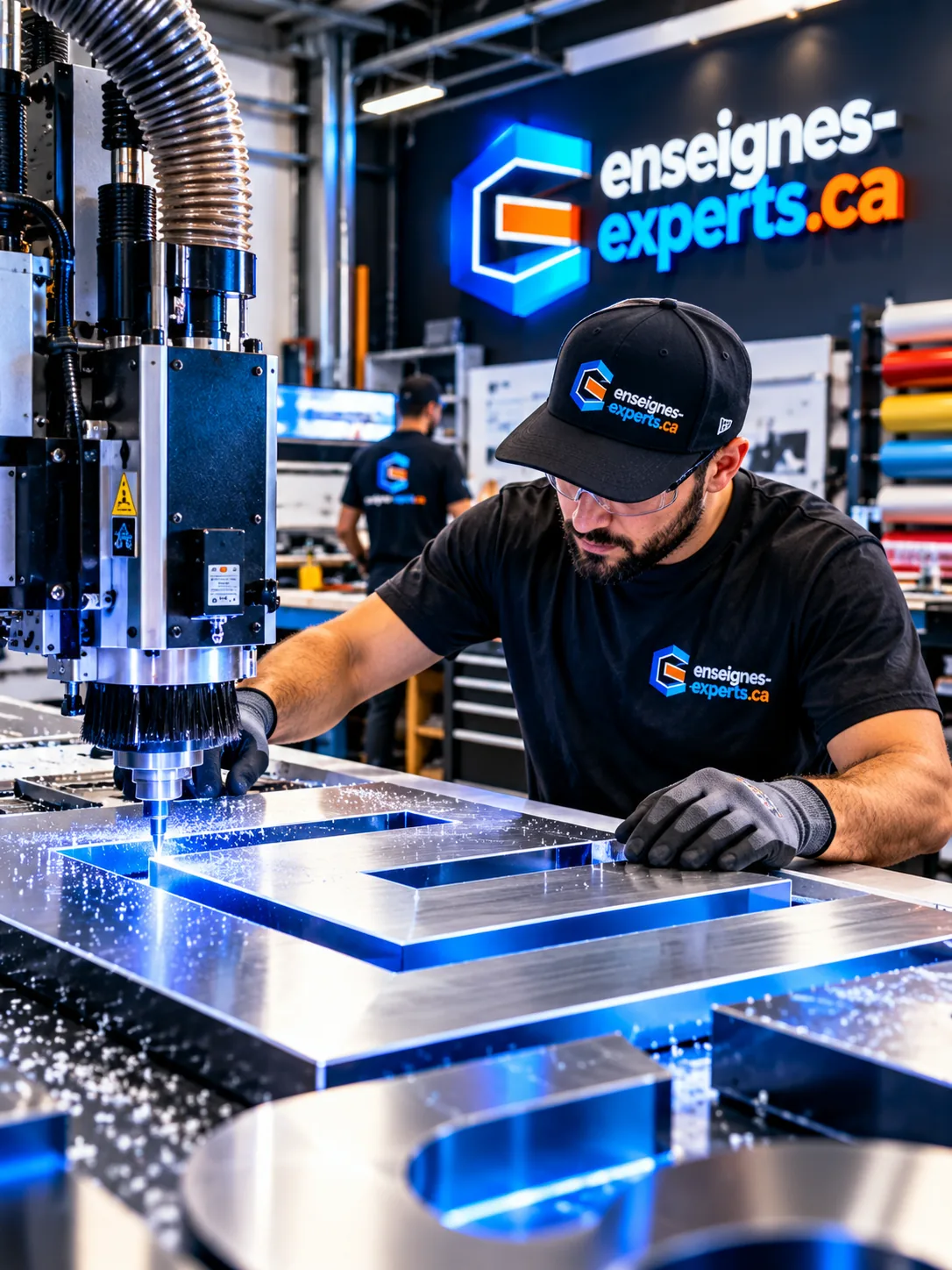 Technicien qui guide une découpeuse numérique sur une plaque d'aluminium pour former une lettre